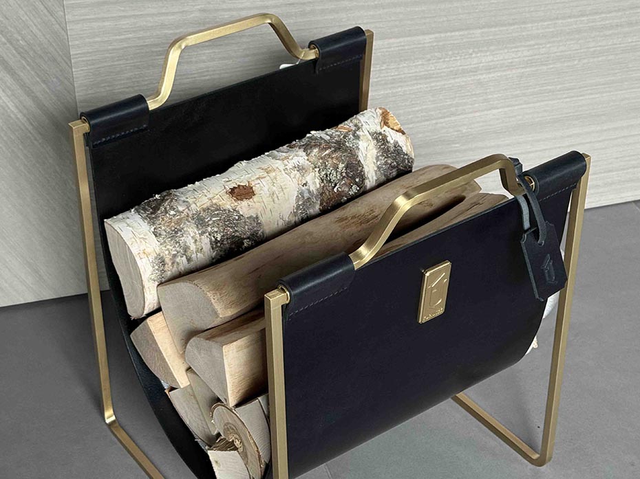 Дровница с кожаной вставкой FG-12049 матовая латунь