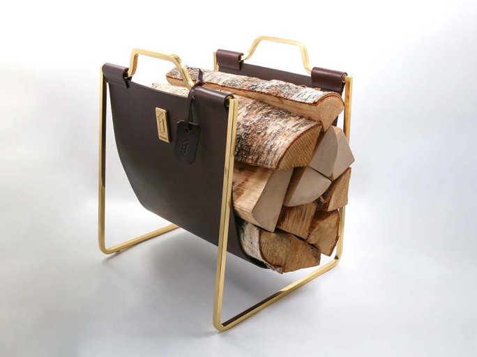 Дровница с кожаной вставкой FG-12036 полированная латунь